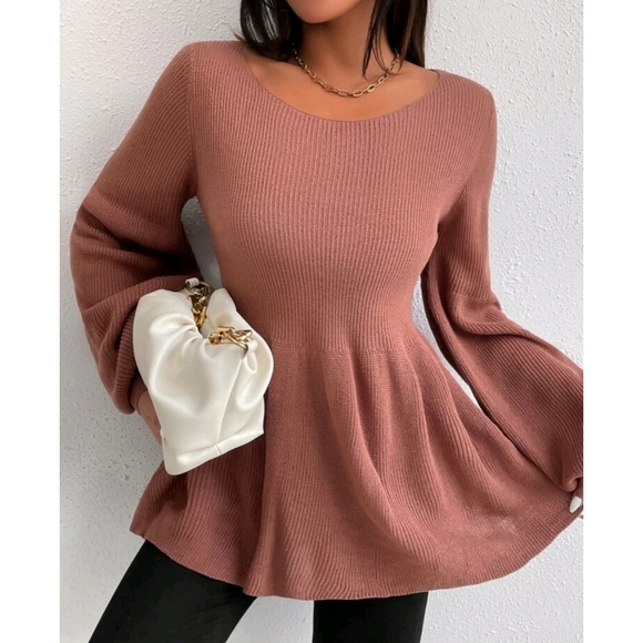 Round neck Bishop Sleeve Ruffle Hem Sweater - Picture 3 of 10